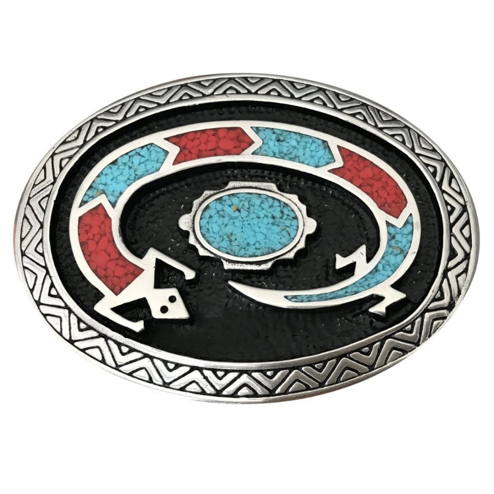 Lizard Belt buckle Turquoise Coral Inlay Gekko Art Snake Stone Southwestern